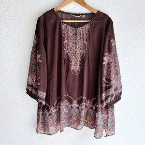 Soft Surrounding Sheer Paisley Print Tunic Top Brown 2X Boho Hippie